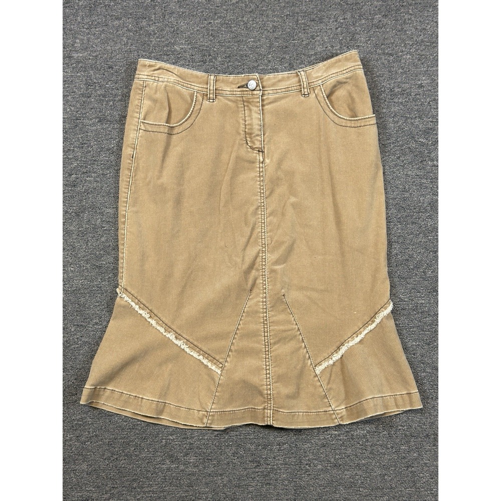 Anthropologie Louie Corduroy Fringe Skirt Tan Stretch Size 8 Peplum Hem Boho